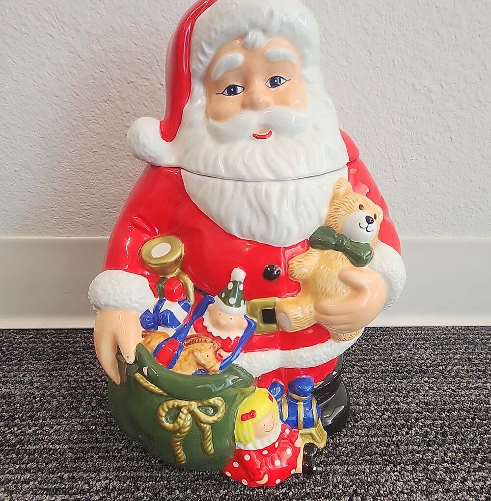 Vintage Santa Claus Foot Tall Ceramic Christmas Cookie Jar with Toys!